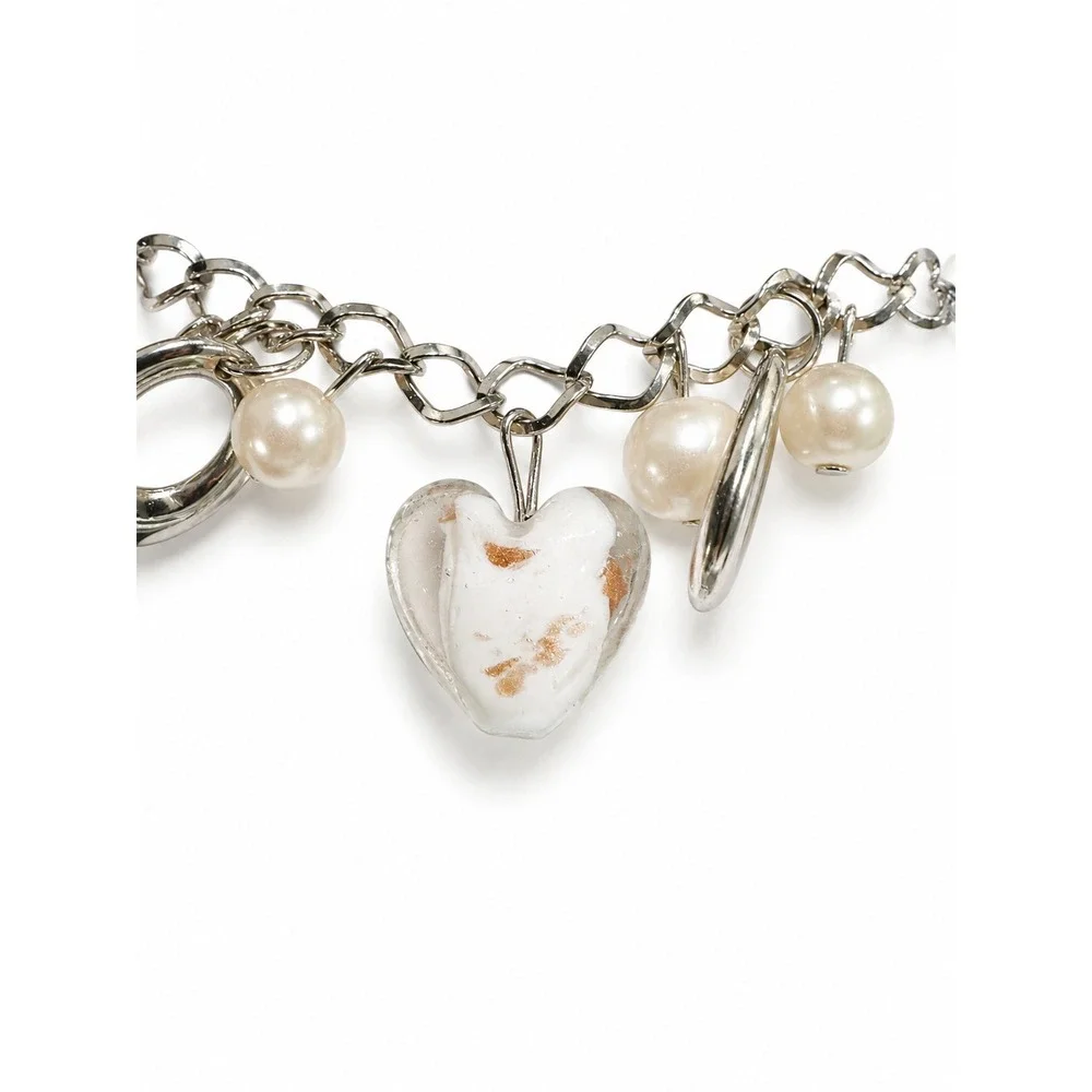 New Silver-Tone Heart Charm & Faux Pearl Chain Bracelet